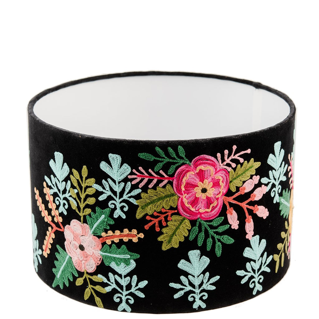 Embroidered Velvet Drum Lamp Shade - Floral/Black