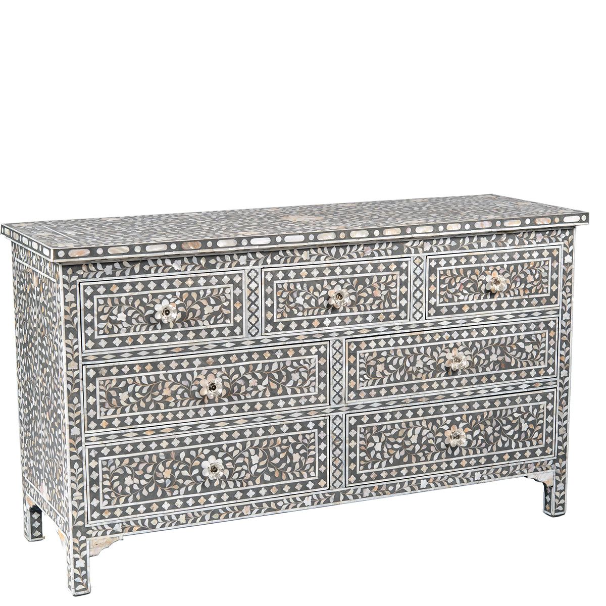 Shalimar Mother of Pearl Inlay 7-Drawer Chest - Floral - Grey