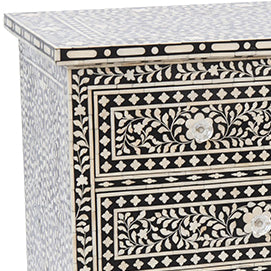 Bone Inlay 7-Drawer Chest - Floral Design - Black