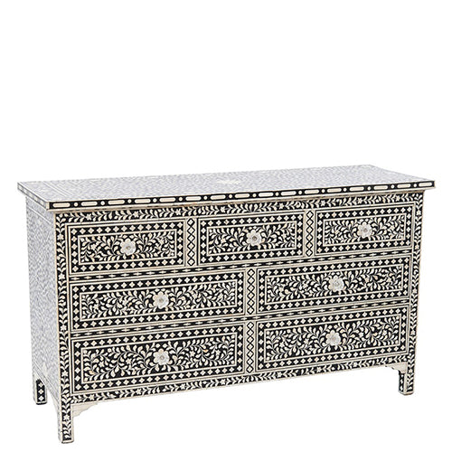 Bone Inlay 7-Drawer Chest - Floral Design - Black