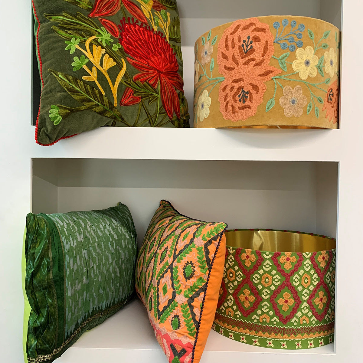 Embroidered cotton lumbar cushions