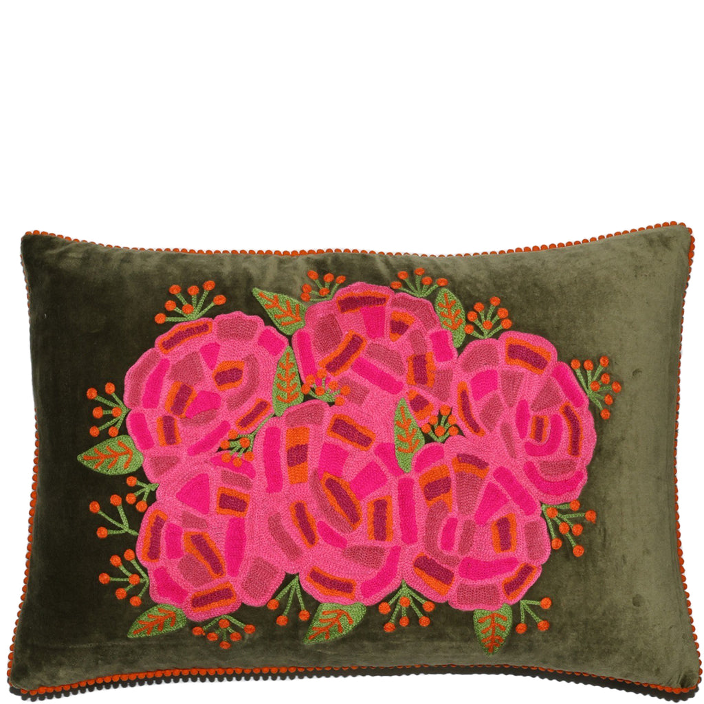 Embroidered velvet lumbar  cushion - Rananculus