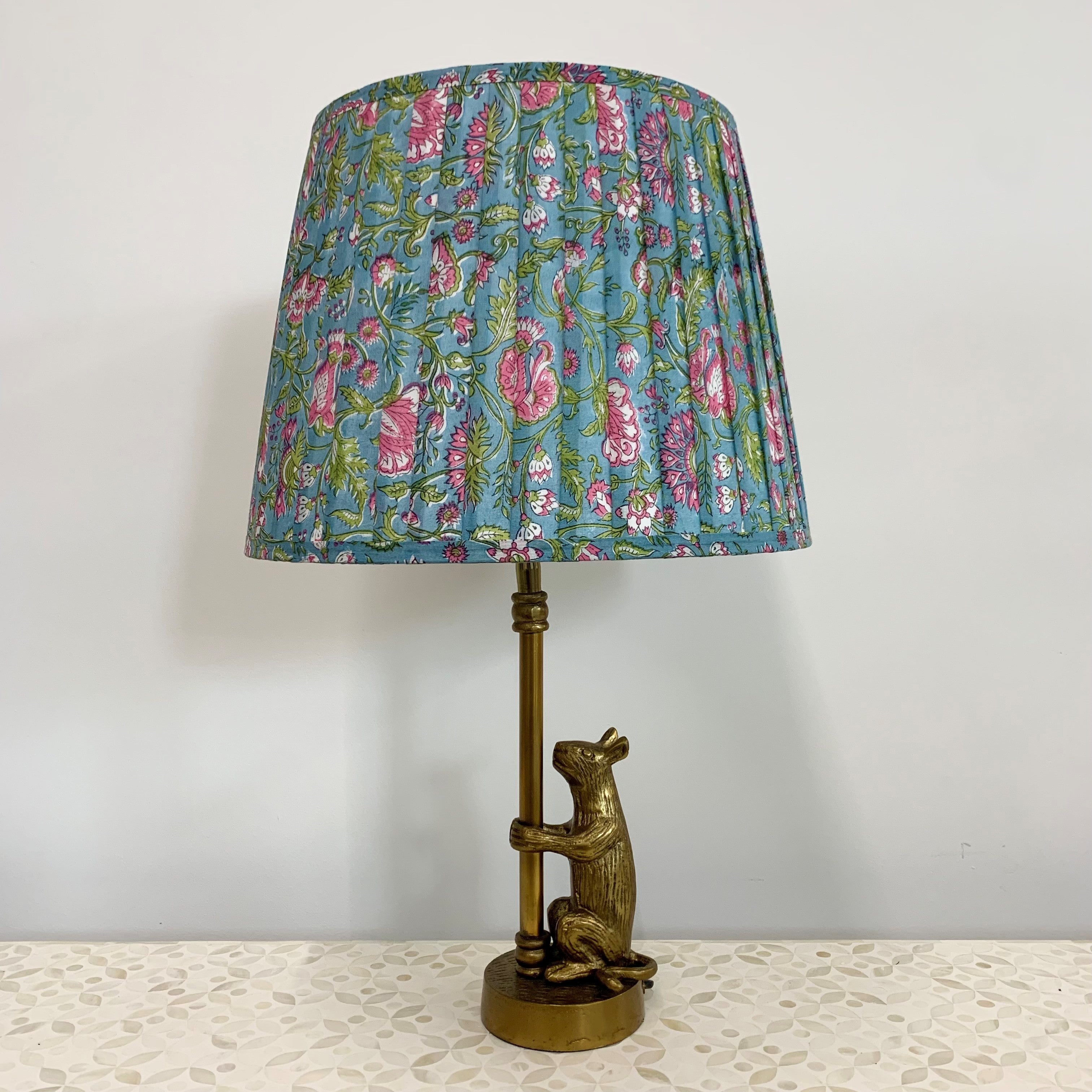 Pleated Tapered Lampshade - Floral Block Print - Blue Multi