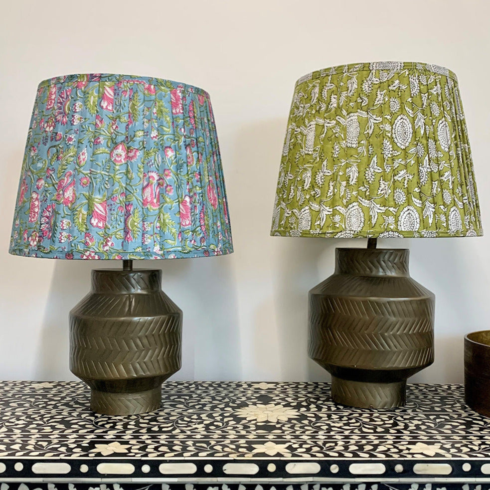 Pleated Tapered Lampshade - Floral Block Print - Blue Multi