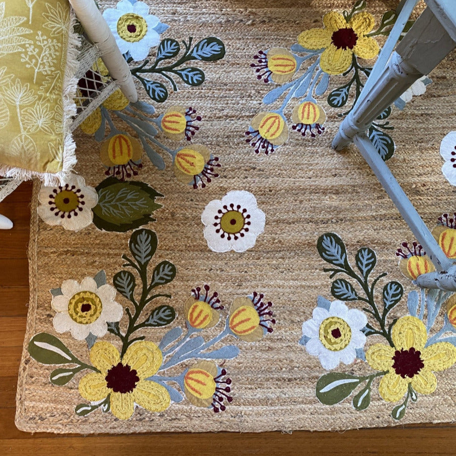 Hand Embroidered Jute Rug - Yellow