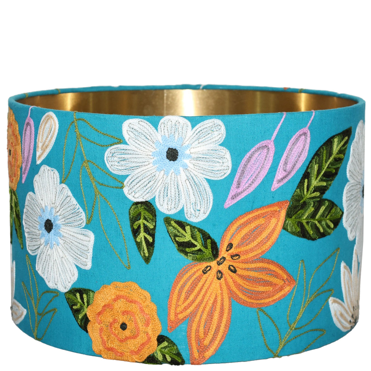 drum lampshade - embroidered cotton - cobalt multi