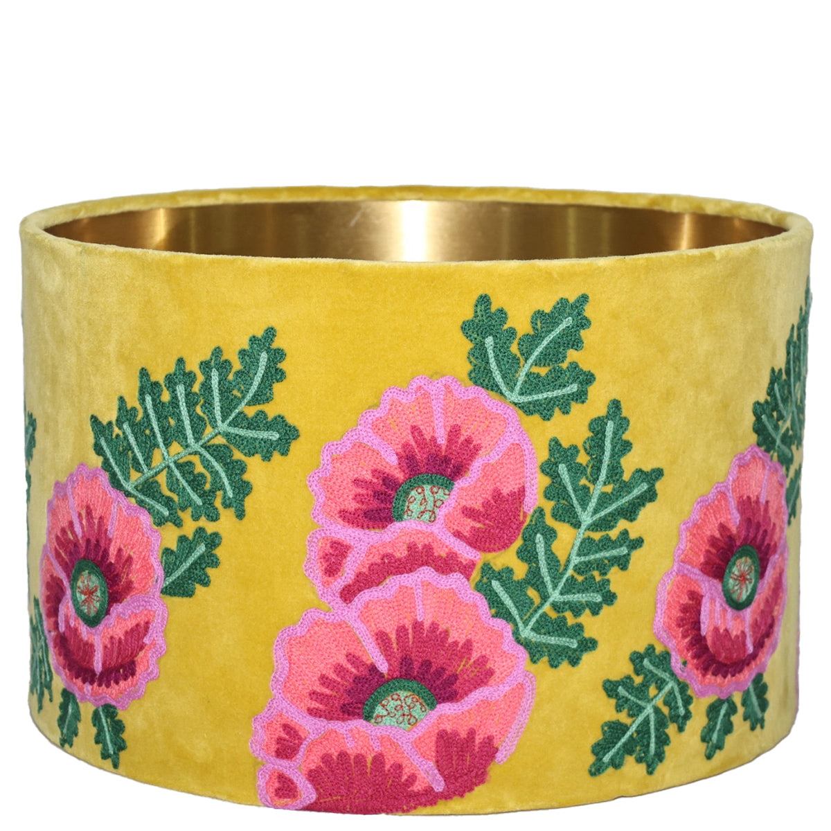 Floral yellow  drum lampshade - Embroidered velvet