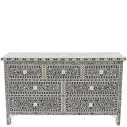 Bone Inlay 7-Drawer Chest - Floral Design - Black