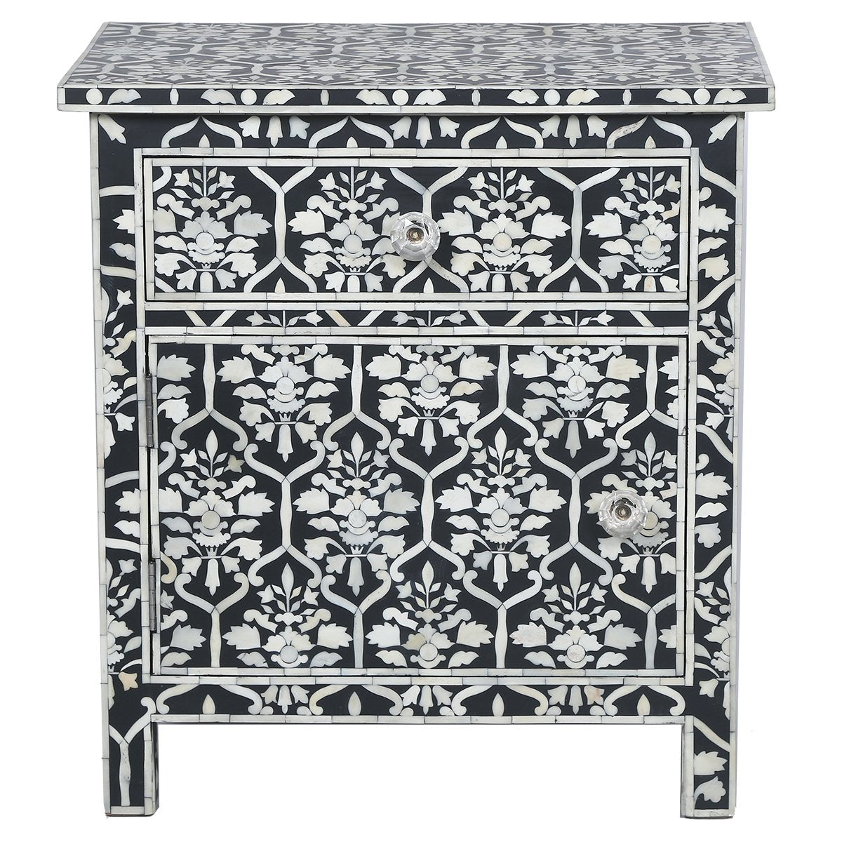 Bone Inlay Side Cabinet - Floral Wallpaper - Black