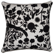 Peacock & Flowers Cushion - White / Black - Cotton / Linen