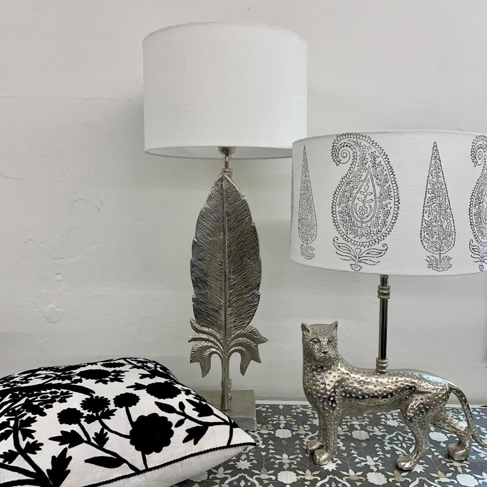 Silver feather lampbase, silver leopard lamp base, white cotton drum lamp shades