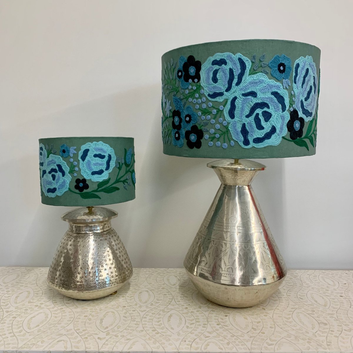 Floral embroidered lamp shades, silver lamp base