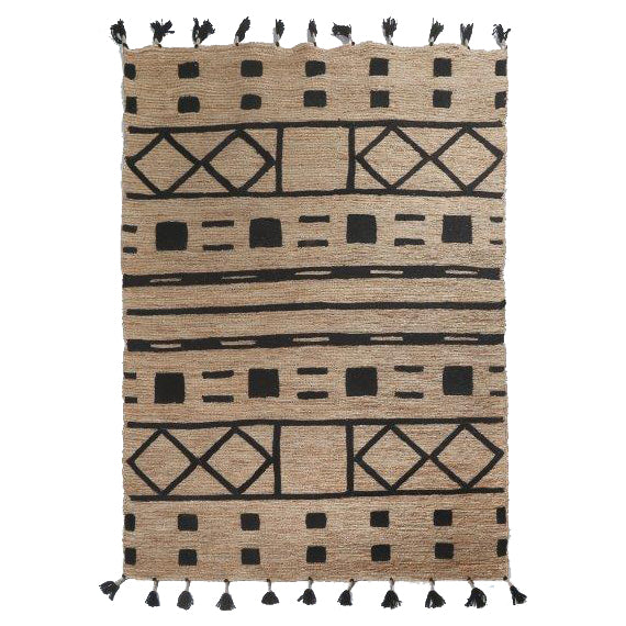 Jute Soumak Rug with Embroidery - Squares - Natural / Black