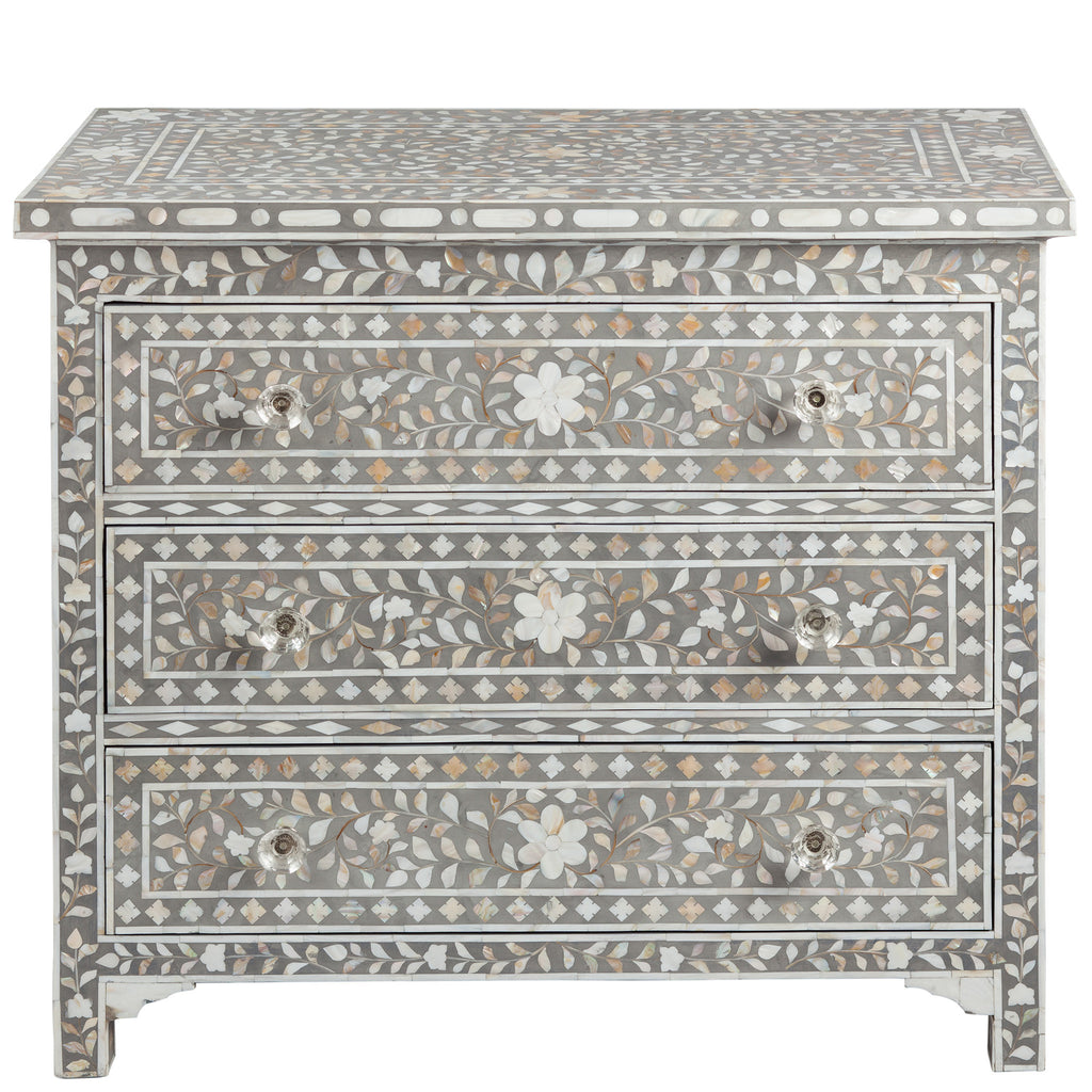 Shalimar MOP Inlay 3-Drawer Chest - Floral - Grey